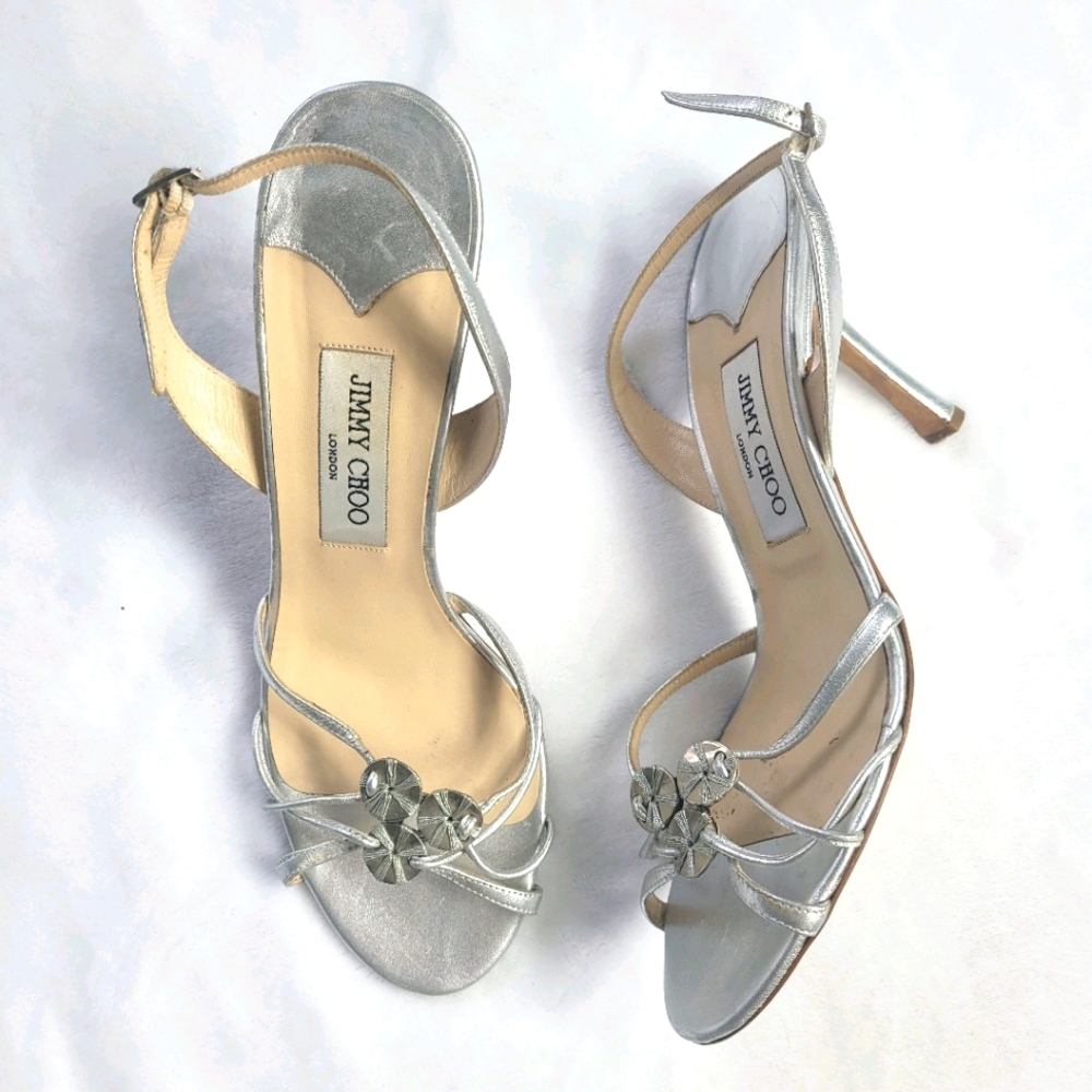 Jimmy Choo silver strappy high heels sandals 9
